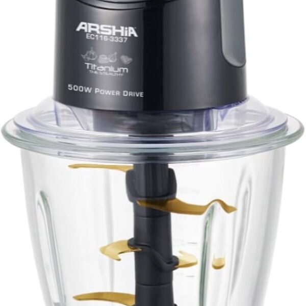 Arshia 500W titanium electric food chopper with 1.5L glass bowl – black model EC116-3337