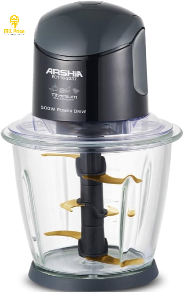 Arshia 500W titanium electric food chopper with 1.5L glass bowl – black model EC116-3337